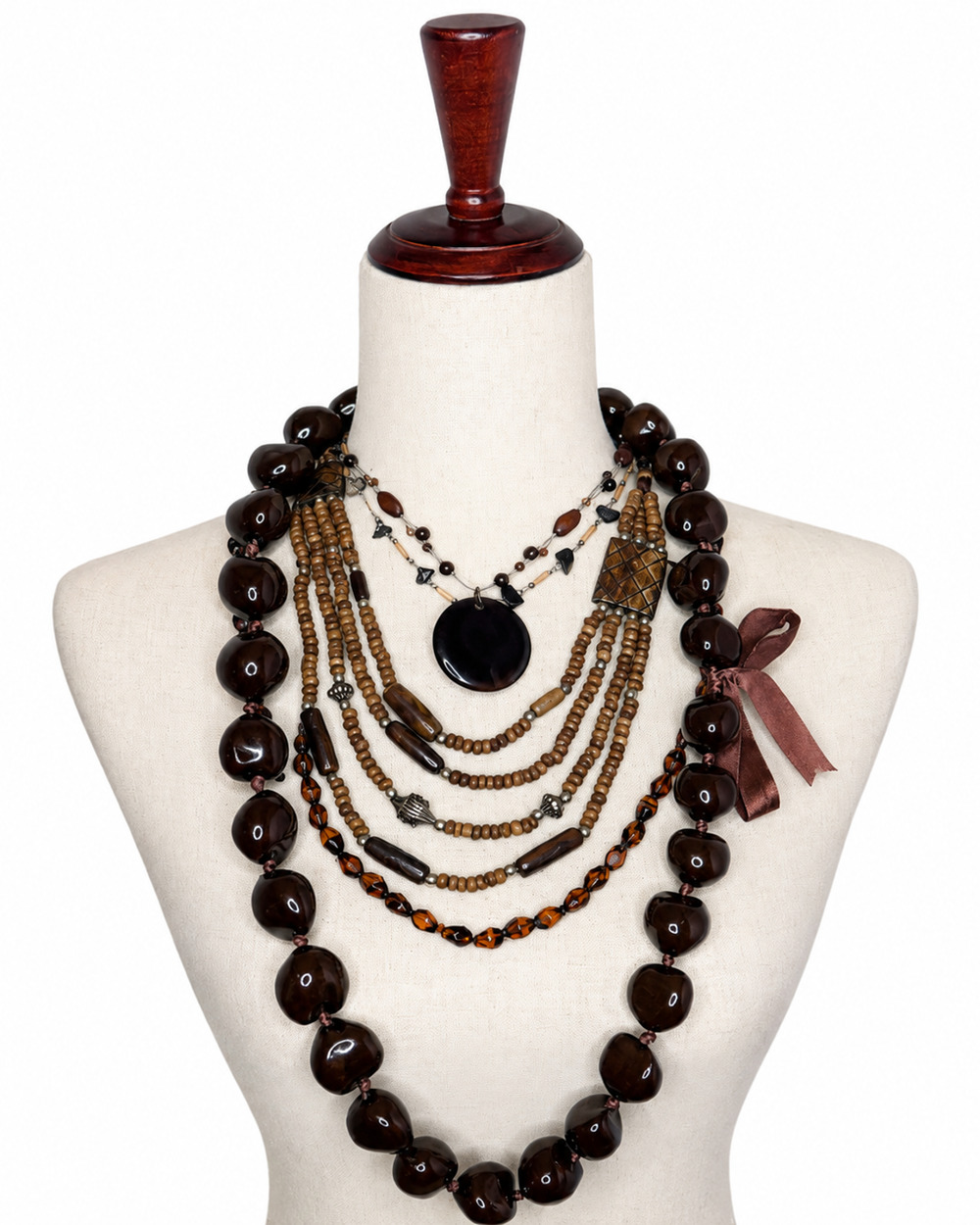 5 Pc Brown Statement Necklace Lot Boho Beaded Multi Strand Mixed Styles Ms Roper